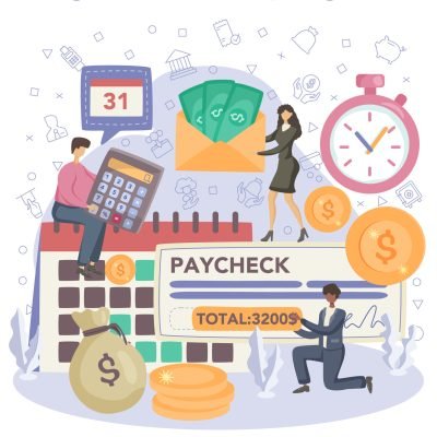 Accountant office manager. Professional bookkeeper. Concept of the tax calculating and reporting. Business character making money transfer. Vector illustration