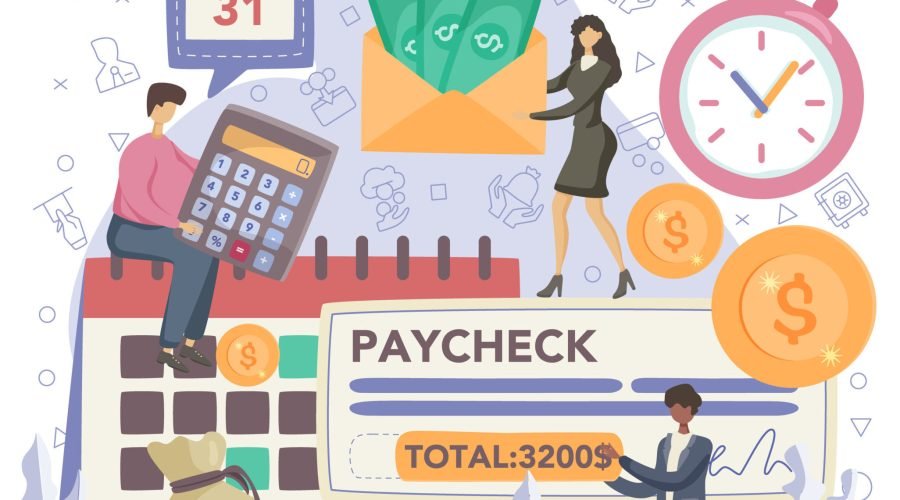 Accountant office manager. Professional bookkeeper. Concept of the tax calculating and reporting. Business character making money transfer. Vector illustration